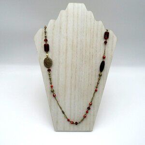 Avon Necklace 38" Gold Tone Bead Filigree Oval Teardrop Medallions Brown Copper